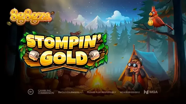 Pemandangan hutan berkabut dengan karakter Bigfoot dalam slot Stompin Gold